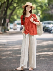 棉麻短袖洋气妈妈衬衫2025夏季新款宽松显瘦遮肉刺绣小衫好看上衣，女装套装/套裙，依万里