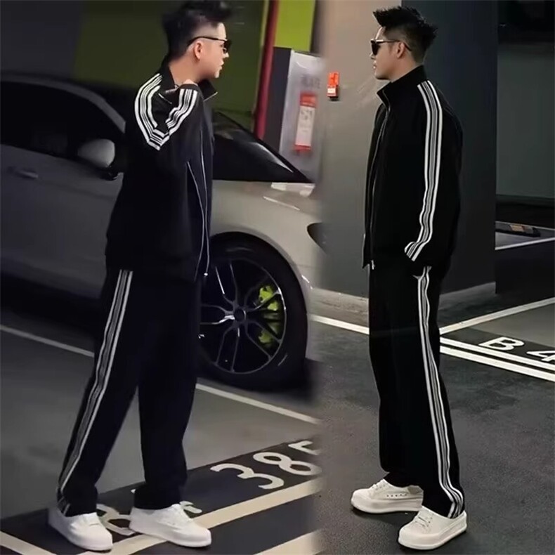 网络图现货潮牌编织运动套装经典三道杠宽松两件套JY22-P75绒85,男装休闲套装,星座715-7