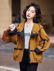 自留款推荐~撞色连帽短外套女2025春秋拼接时尚潮流休闲气质上衣，女装短外套，靓衣阁