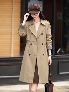 设计感女2026秋新款法式赫本风品质宽松撞色袖翻领中长款风衣外套图片