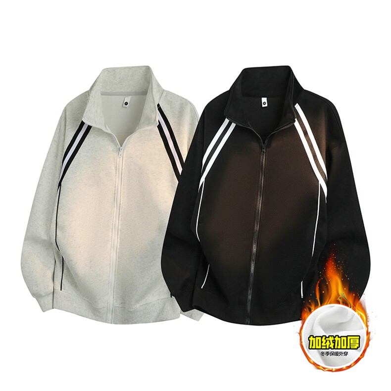 480G重磅加绒硬挺boxy男女秋冬美式高街织带撞色立领卫衣开衫外套，女装短外套，电商A486