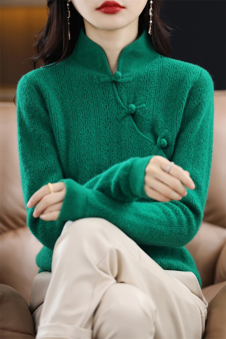 半高领盘扣羊毛毛衣套头针织打底衫秋冬新款宽松,女装羊毛衫,绒宛羊绒