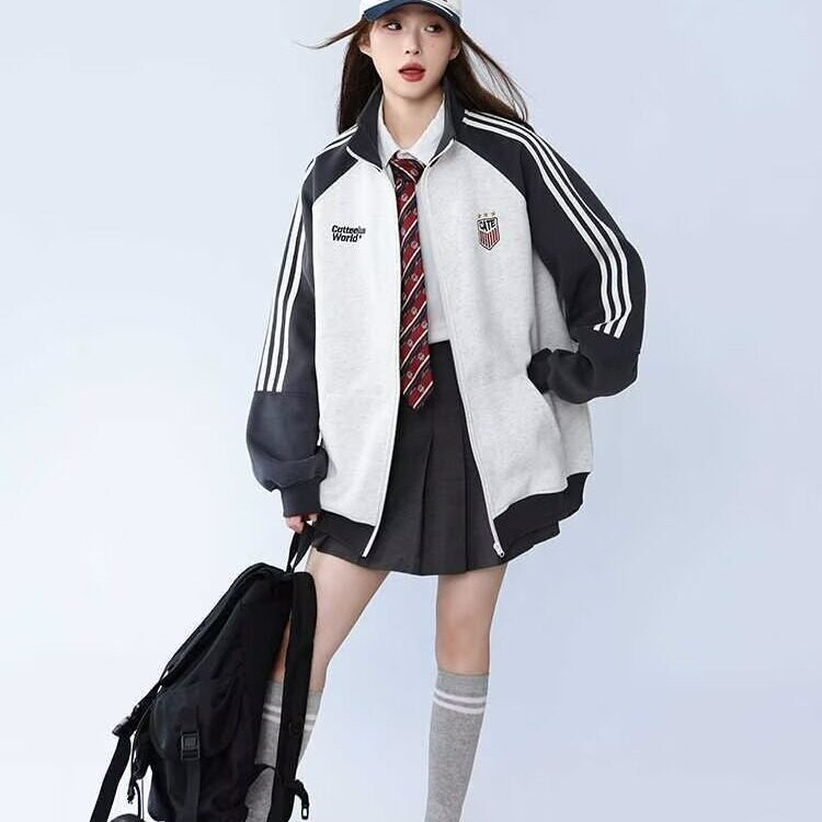 美式三条杠运动卫衣男秋冬季潮牌撞色外套复古开衫棒球服上衣,女装短外套,星座1210-1
