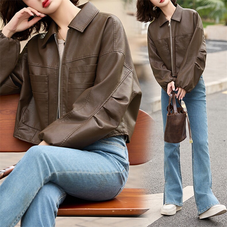气质翻领短款外套上衣百搭气质开衫复古夹克上衣女，女装皮衣，美拉德工厂直营店