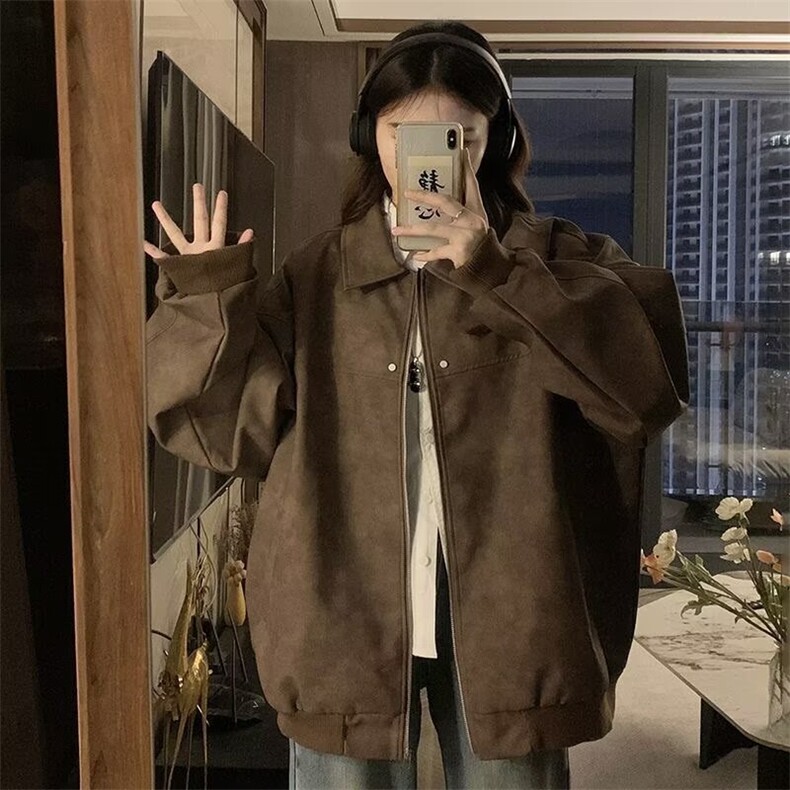 472-P54春秋美式复古高街翻领PU机车皮衣男女生宽松INS休闲,男装皮衣,电商B323A