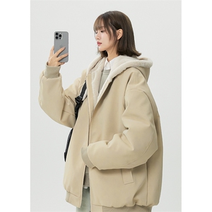 PY242/P95座山雕座山雕加绒PU皮男女同款连帽宽松棉衣图片