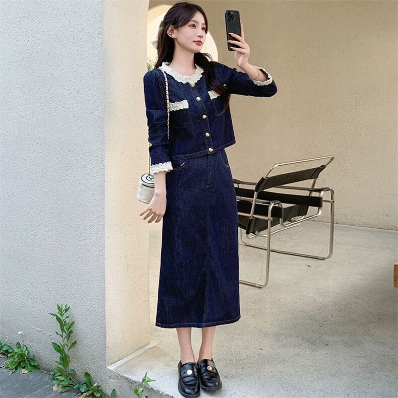 欧洲站圆领长袖牛仔女2024秋季新款花边外套+半身裙潮，女装牛仔裙，超帛