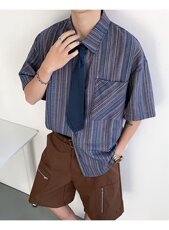麒麟先生夏季条纹五分袖衬衫男休闲宽松领带短袖衬衣潮，男装T恤，四季星座505