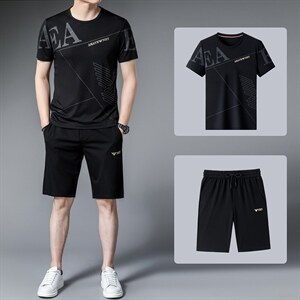 男装2023夏季冰丝三件套男士宽松长裤休闲中年爸爸夏装短袖运动套图片