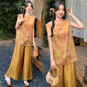 2026新中式g风套装女夏季新款高级感显瘦马甲阔腿裤流行两件套图片