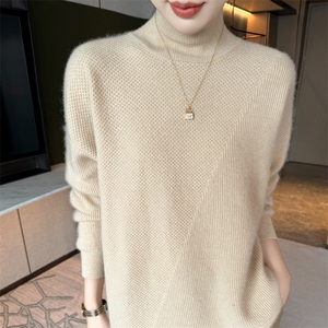2025冬季100%纯羊毛衫女半高领提花加厚宽松羊绒衫针织打底衫毛衣图片