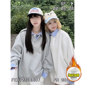 重磅加绒硬挺boxy男女美式高街假两件衬衫领长袖卫衣POLO领打底衫图片
