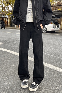 秋季美式高街牛仔裤男显瘦微喇直筒休闲拼接铆钉拉链长裤KZ027P65图片