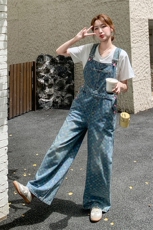 韩版格子蓝色牛仔韩系减龄背带裤女2025夏季新款甜系小个子连体裤，女装套装/套裙，2D078