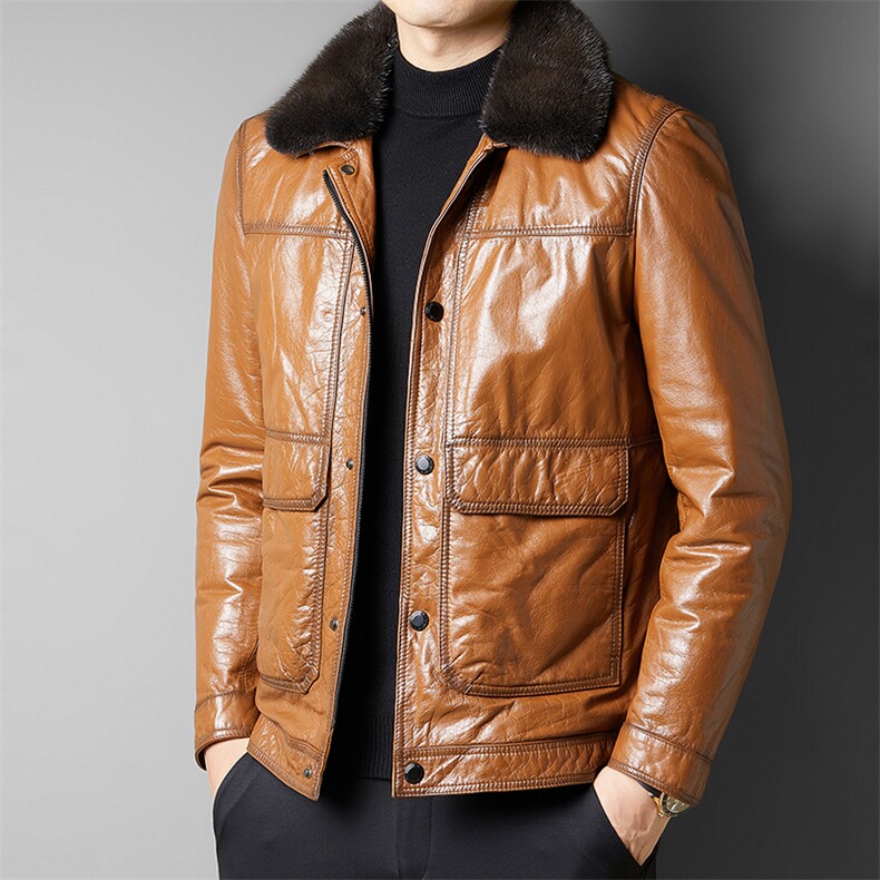 BIJ2302冬季海宁真皮羽绒服男油蜡牛皮夹克翻领时尚男装机车皮衣,男装夹克,电商B360