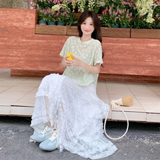 时尚套装气质显瘦短袖夏季长款白色收腰复古连衣裙蕾丝碎花法式，女装套装/套裙，2C093