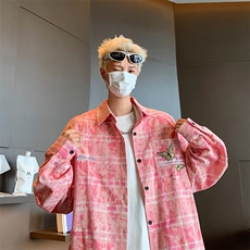 美式高街洗水做旧刺绣衬衫外套男女春秋情侣防晒长袖衬衣HJ25/P50，男装防晒衣，星座506
