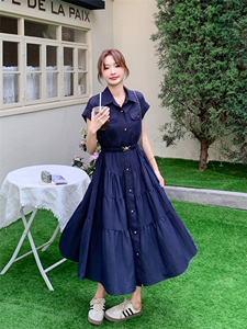 藏青色设计感工装衬衫连衣裙女2025夏季新款超好看气质收腰a字裙图片