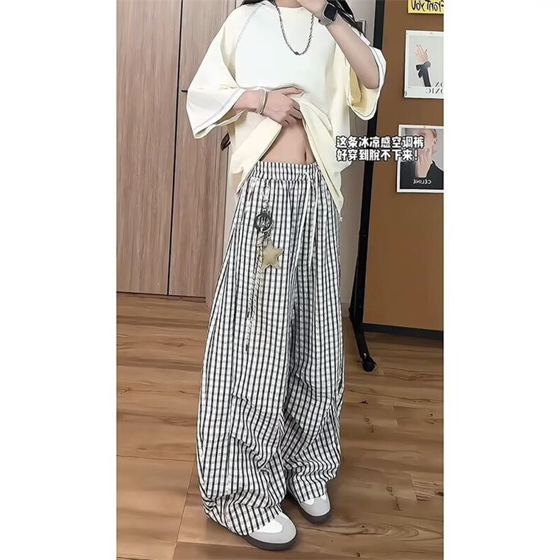 美式慵懒风松弛感格子弯刀裤女夏季薄款宽松直筒休闲阔腿运动裤女,女装休闲裤,星座506A