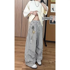 美式慵懒风松弛感格子弯刀裤女夏季薄款宽松直筒休闲阔腿运动裤女，女装休闲裤，星座506A