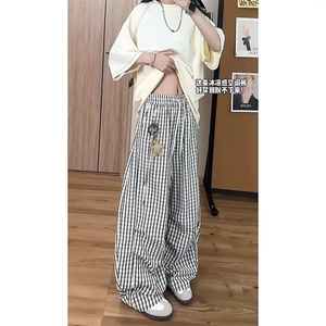 美式慵懒风松弛感格子弯刀裤女夏季薄款宽松直筒休闲阔腿运动裤女图片