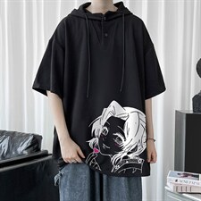 LD54153-P45连帽短袖t恤男大码胖子带帽五分袖中袖，男装T恤，电商A040