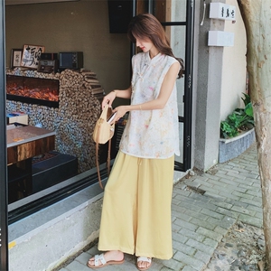 多巴胺碎花旗袍立领上衣阔腿裤套装两件套女夏季新中式国风一整套图片