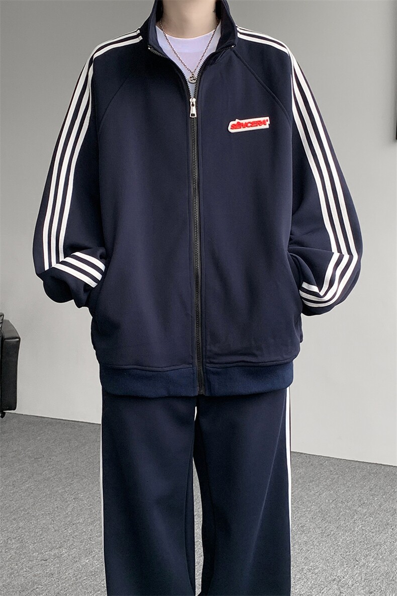 8XL-M条纹撞色开衫新年红卫衣运动套装潮牌运动服校园风TZ114P118,男装休闲套装,电商D206-1