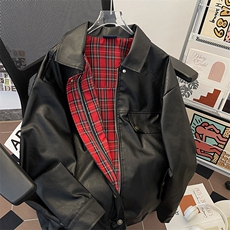 两面穿格子皮衣外套男女春秋高级感机车PU皮夹克上衣JK09352-P85，男装夹克，星座308B-1