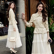 现货2026年春季新款女时尚潮流优雅风小外套皮衣蕾丝半身裙两件套，女装套装/套裙，奋斗女王