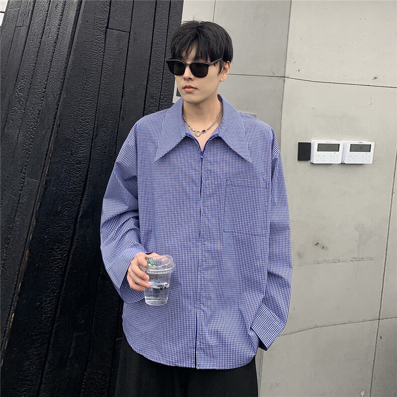 美式复古蓝色格子长袖衬衫男女宽松休闲百搭衬衣外套CS06-P48,男装衬衫,电商C307A