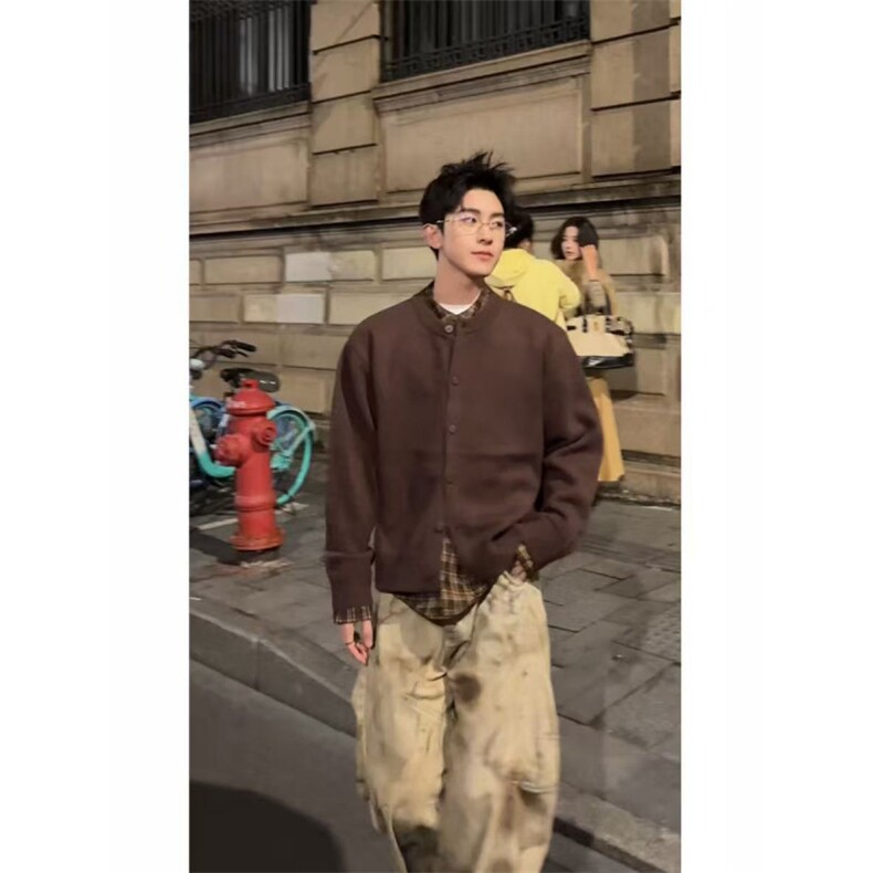 现货~龙叨叨老钱风假两件格纹拼接长袖针织开衫外套MY2573批88,女装短外套,星座1411A-6