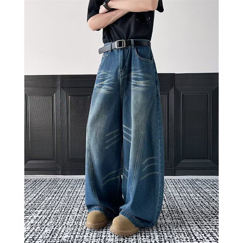 春季美式复古猫须阔腿牛仔裤男士春秋弯刀裤潮牌百搭宽松直筒长裤，男装牛仔裤，星座506B