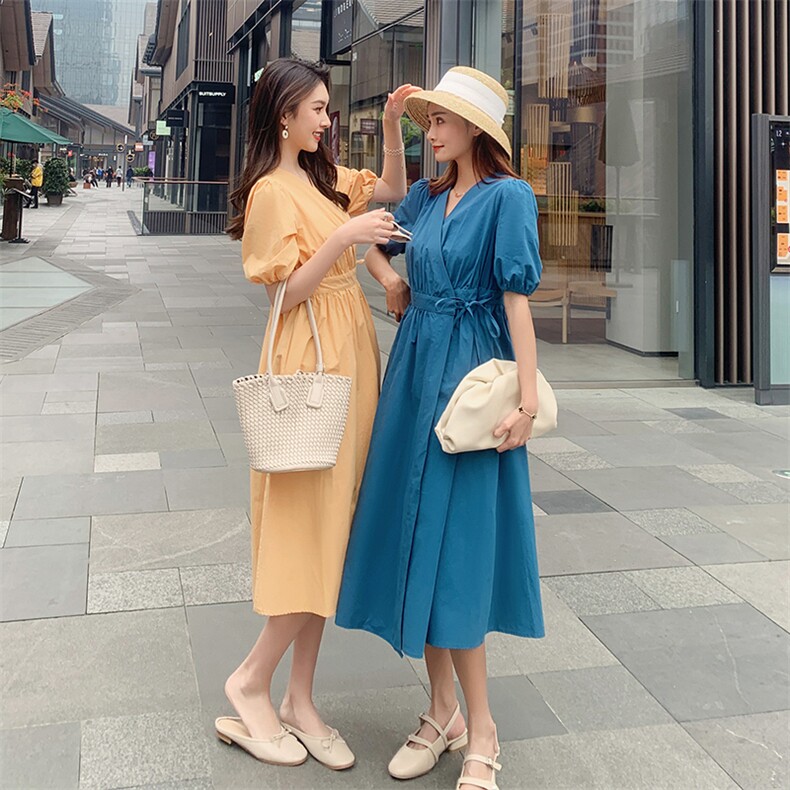 现货2021夏季双系带泡泡袖连衣裙浙宝292A货号W002,女装连衣裙,时倾STUDIO