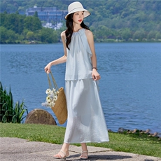 （新款现货）2026夏装时尚挂脖飘带领花上衣+半裙超仙套裙两件套，女装套装/套裙，印象茜