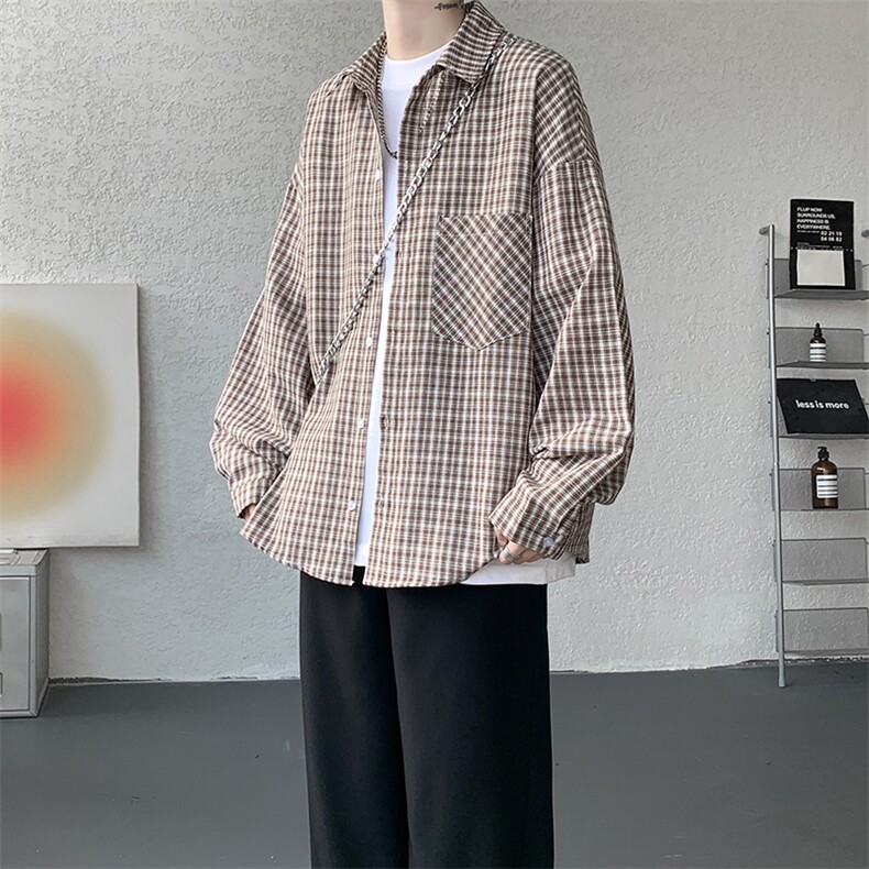 衬衫男春季新款港风宽松格子长袖衬衫CS802-特P28,男装衬衫,星座214-3