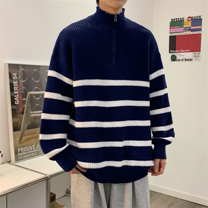 秋款男圆领半高领拉链毛衣针织衫条纹拼色休闲外套M3117 P55图片