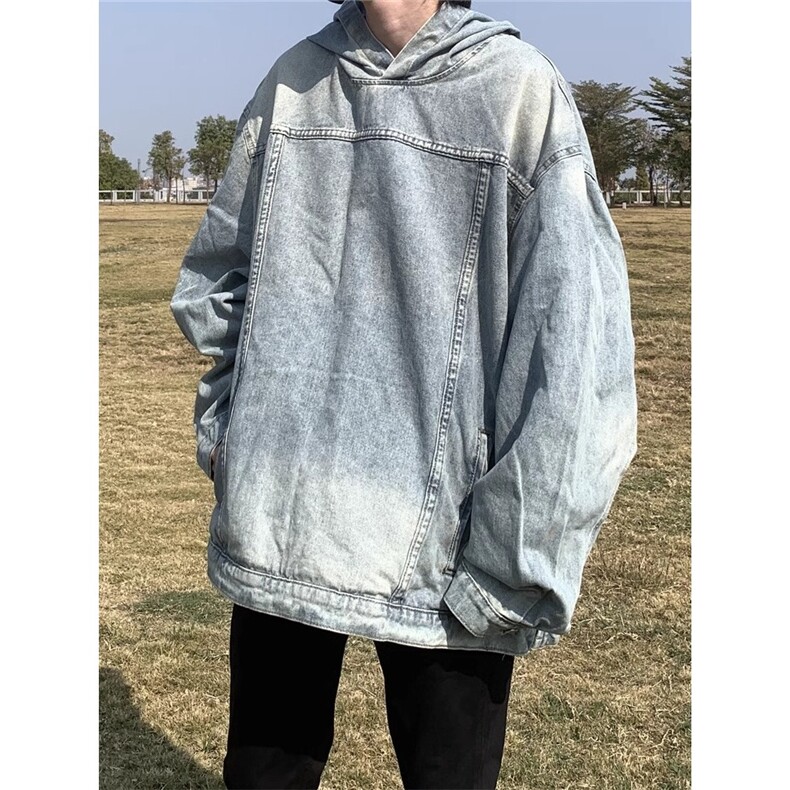 水洗做旧连帽卫衣男女春季美式街头ins潮牌宽松复古痞帅牛仔帽衫图片