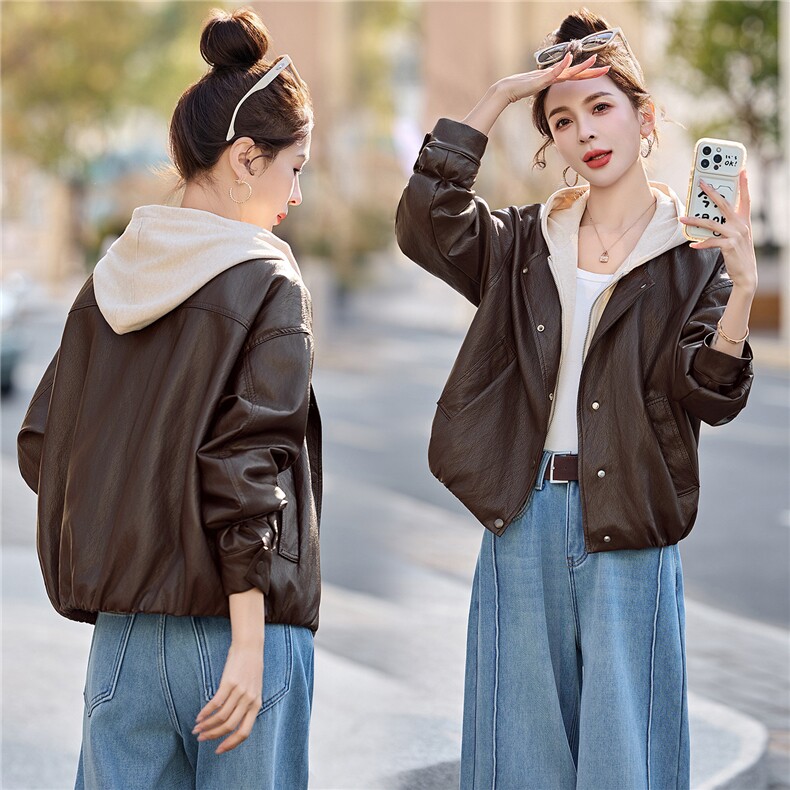 已出货春装新品美拉德连帽皮衣外套女今年流行显瘦百搭机车服潮,女装皮衣,吾爱衣