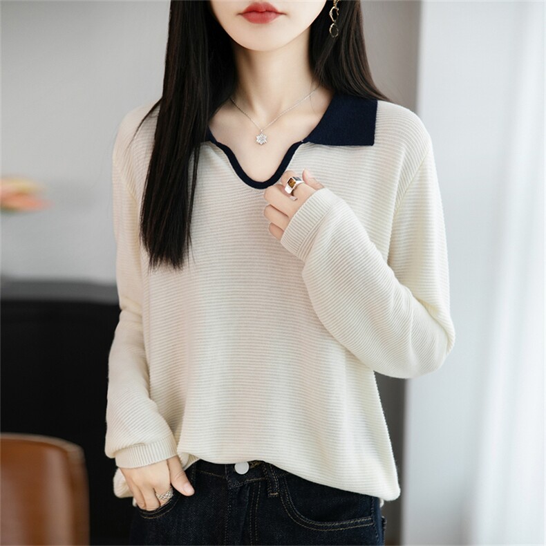 韩系POLO领撞色长袖针织衫女精纺薄款毛衣2025轻薄舒适设计感上衣，女装针织衫/毛衣，郡淞羊绒