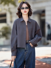 3118时尚休闲背心+翻领衬衣两件套装，女装短外套，香莘料