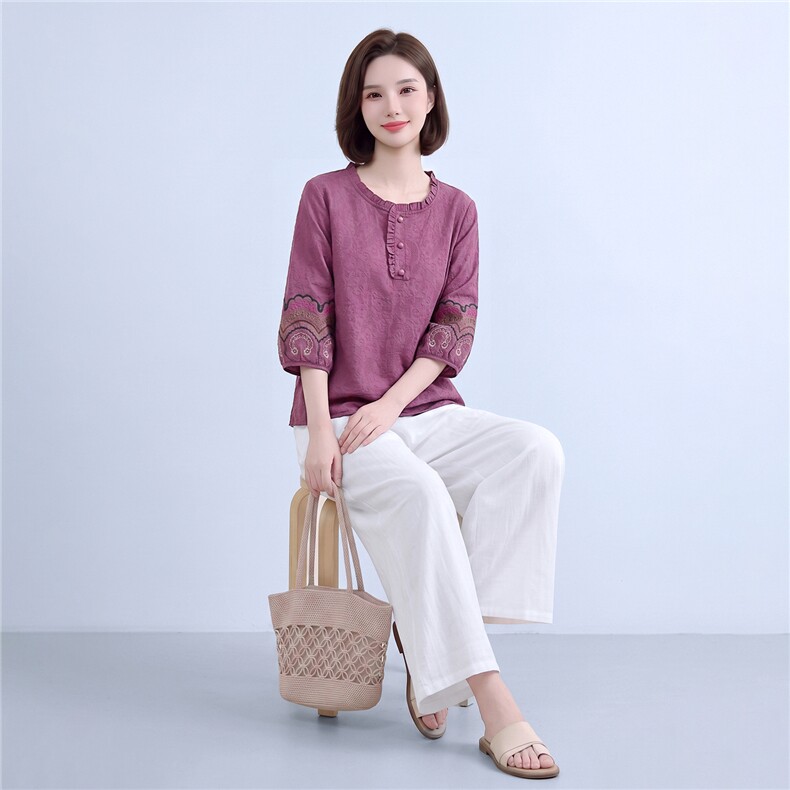 衬衫女木耳领提花棉麻复古上衣,女装衬衫,曼沙奕珂