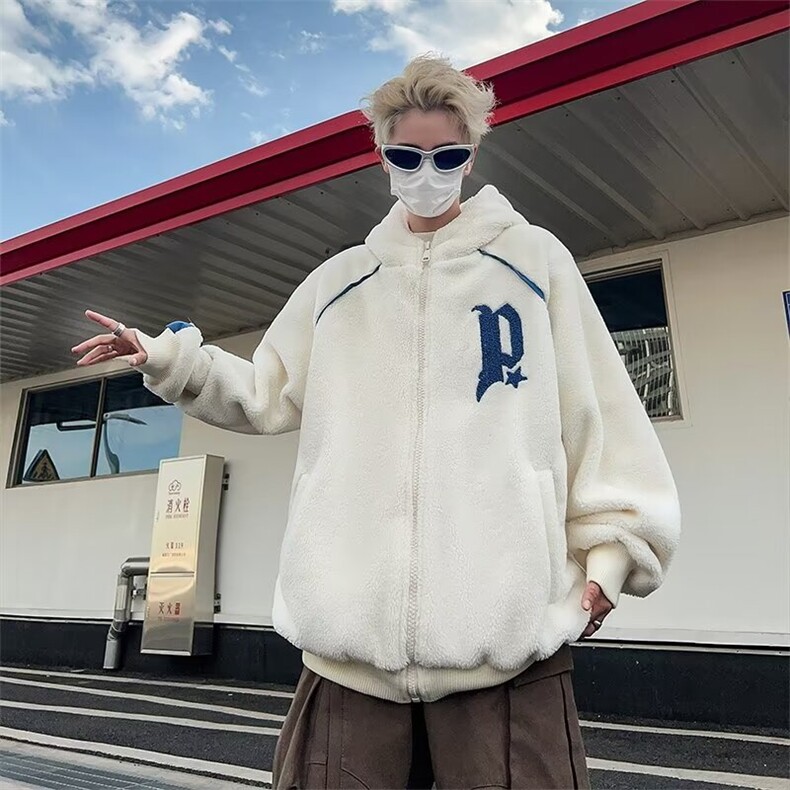 羊羔毛外套男冬季加绒加厚卫衣宽松青少年初高中学生连帽W68,男装夹克,星座1116A-1（原606A）