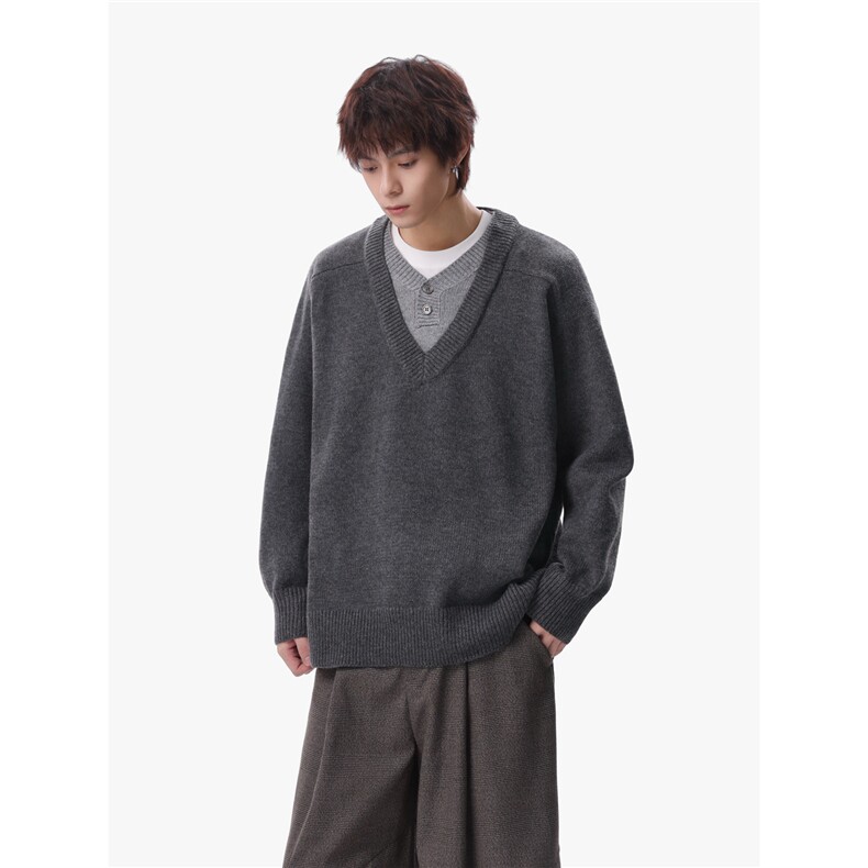 1303B-MY826-P5598重磅老钱风V领毛衣假两件毛衣男女针织衫,男装针织衫/毛衣,星座1303B
