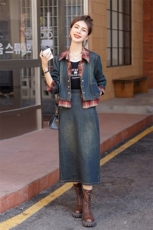 时尚春季牛仔半身裙两件套女显瘦高腰A字裙休闲百搭格子衬衫外套，女装套装/套裙，秋水欣儿