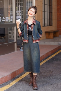 时尚春季牛仔半身裙两件套女 显瘦高腰A字裙 休闲百搭格子衬衫外套图片