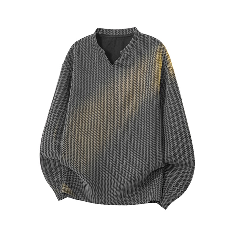 美式高街千鸟格子长袖T恤男女亨利V领英伦雅痞休闲宽松长袖打底衫，男装T恤，电商A443
