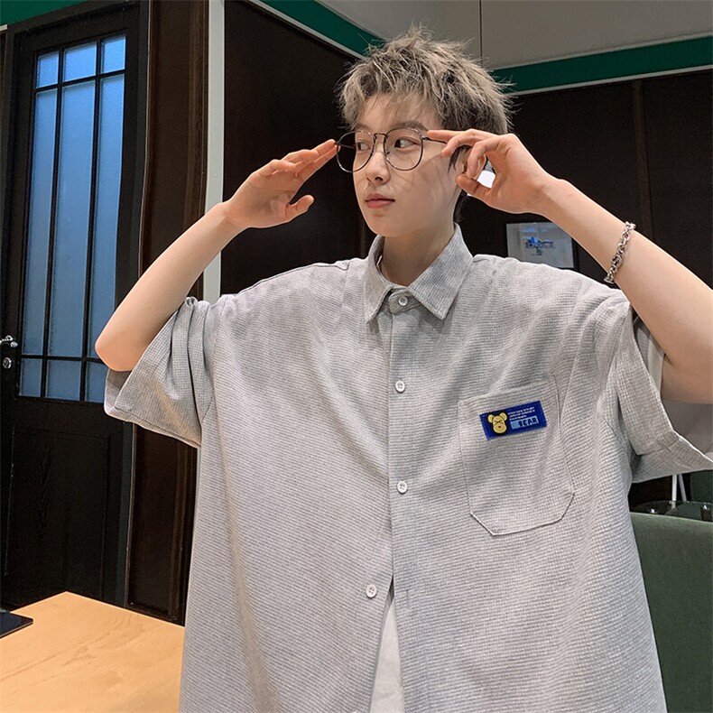 2026夏潮牌男华夫格高克重格子短袖五分袖衬衫CS880/特P25浅灰,男装衬衫,电商A094