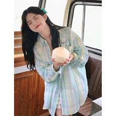 薄荷绿格子衬衫女春秋季2025新款薄款防晒长袖polo领CN253，男装衬衫，星座1116A（原606A-3）