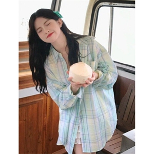 薄荷绿格子衬衫女春秋季2025新款薄款防晒长袖polo领 CN253图片